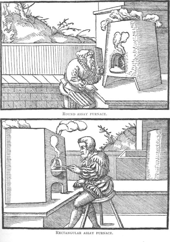 Two woodcuts, one above the other: a bearded man seated before a round, smoking furnace, and a man in a ruffed doublet working at the opening of a square furnace.