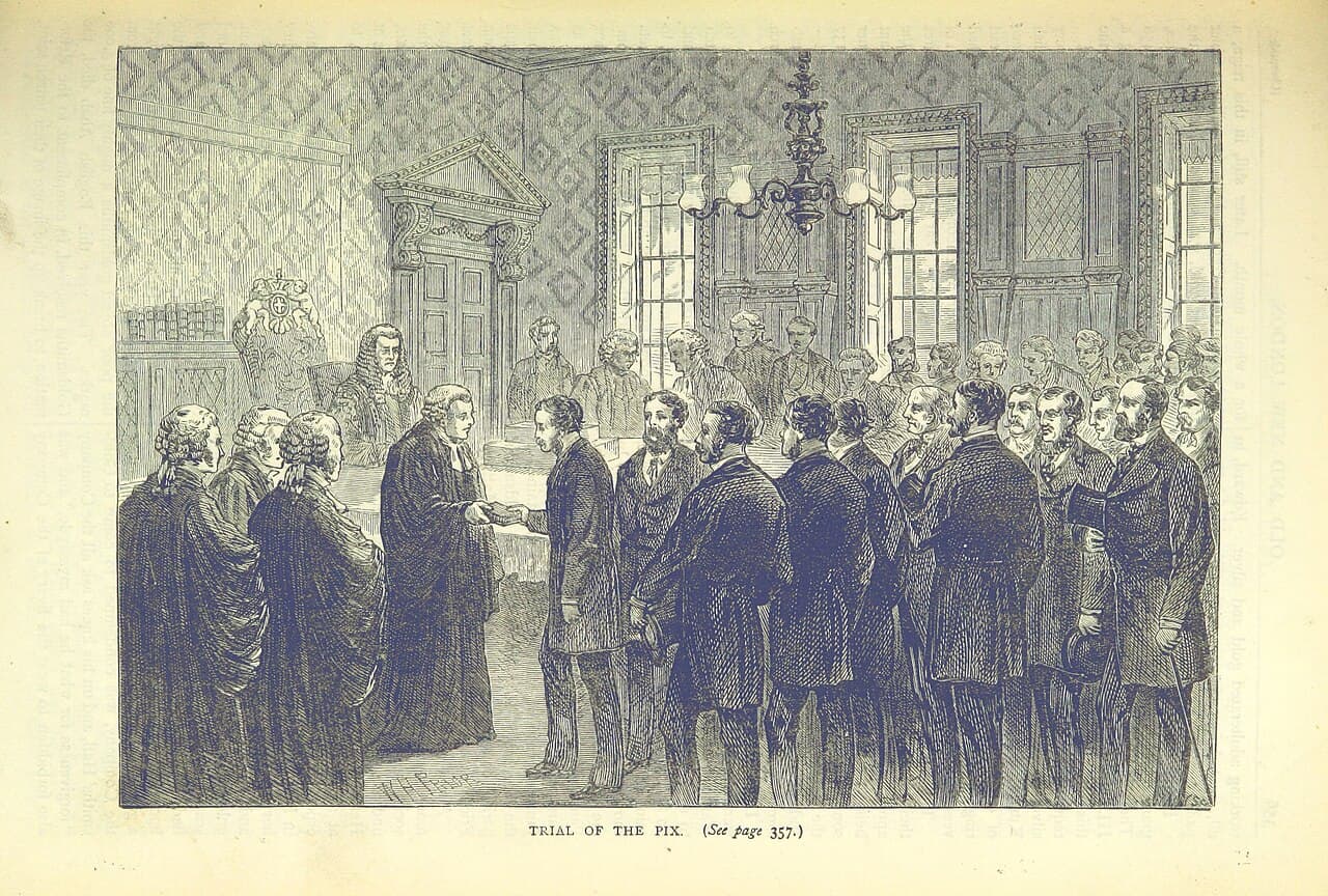 Engraving of a panelled room with a chandelier where a bewigged official hands a book to a man at the head of a group of men in frock coats, watched by other officials in wigs and gowns.