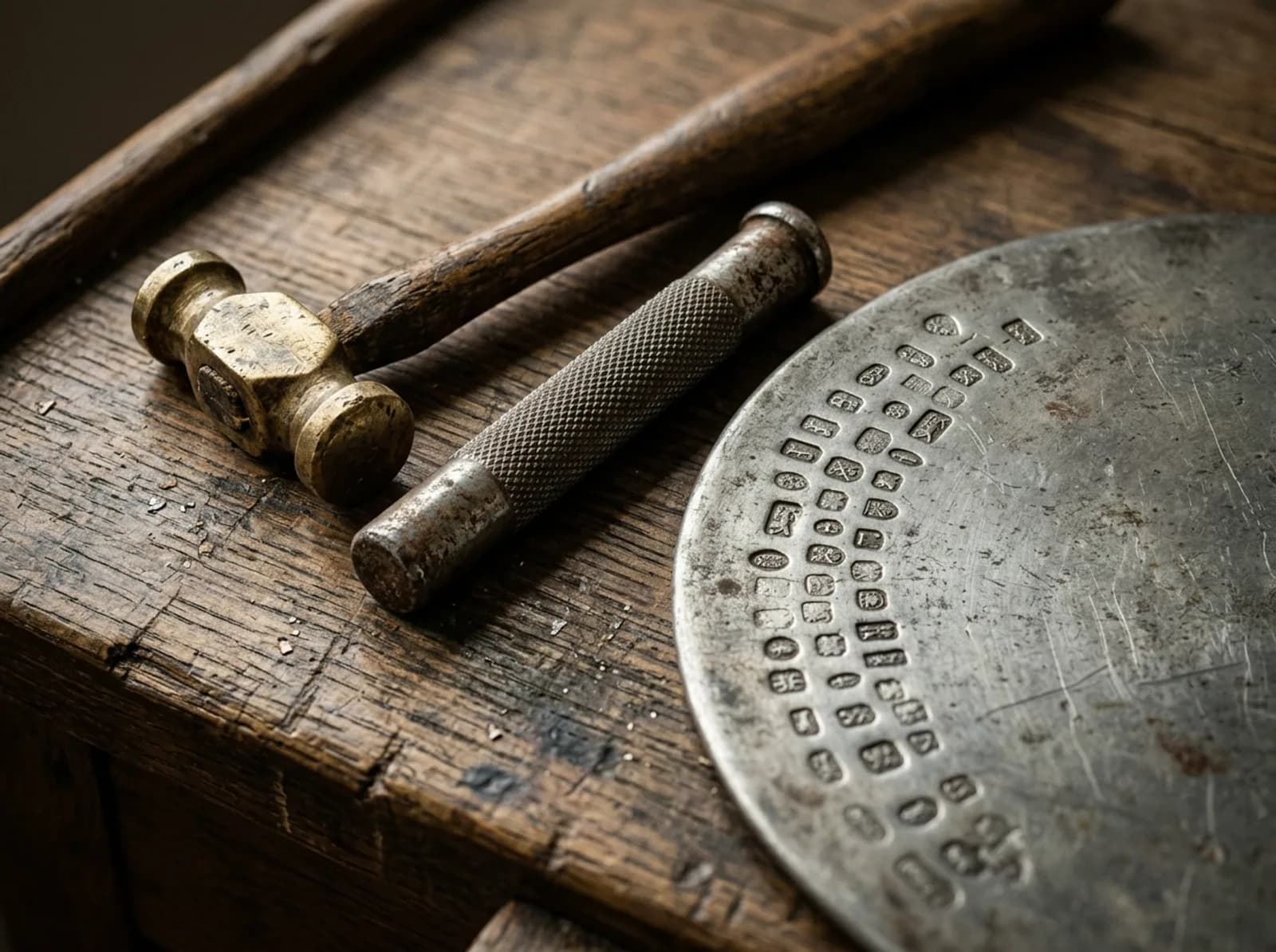 A steel hallmarking punch and a brass hammer on an oak bench beside a pewter plate covered in struck marks.